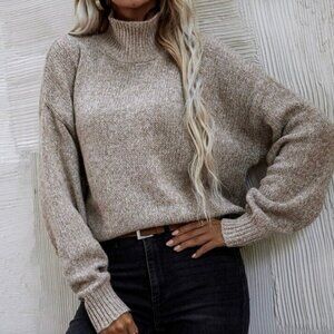SHEIN Apricot Beige Tan Mock Neck Chunky Knit Sweater Women’s Small EUC